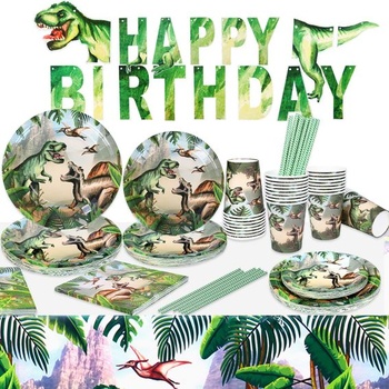 Dinosauří nádobí Dekorace Chlapci narozeniny (25 hostů) Papírový talíř Šálek Sláma Ubrus Papírový