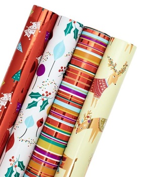 RUSPEPA Vánoční role balicího papíru – Červenobílý sob, vánoční stromeček, sváteční kolekce pruhy s