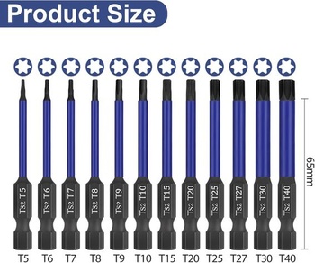 HPHOPE Professional Torx sada bitov 12 kusov, sada skrutkovacích bitov T5 - T40, dĺžka 65 mm,