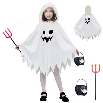 Halloweenský kostým Ghost White Cloak pro děti Strašidelný trik nebo pamlsek s kabelkou (7-9Y, bílá)