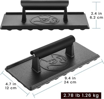 Liatinový nepriľnavý lis na burgre | Ťažký grilovací lis (1260g) so žiaruvzdornou rukoväťou | Závažie