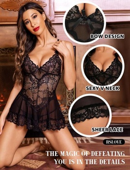 Dámska spodná bielizeň RSLOVE Babydoll Čipková košieľka Sexy šaty na spanie čierne stredné