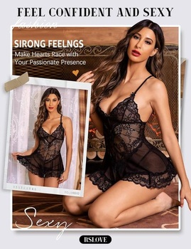 Dámska spodná bielizeň RSLOVE Babydoll Čipková košieľka Sexy šaty na spanie čierne stredné