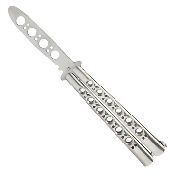 motýlikový nôž vornnex na cvičenie, nebrúsená čepeľ, trenažér Balisong kompletne nerezový, 100%