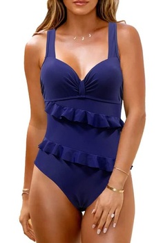 JFAN dámské jednodílné plavky Push up Bandeau Bikini plavky s dvojitými volánky Belly Control Blue L