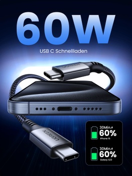 UGREEN USB C nabíjací kábel 60W čierny nylon USB C na USB C kábel PD 3.0 PPS kompatibilný s Galaxy