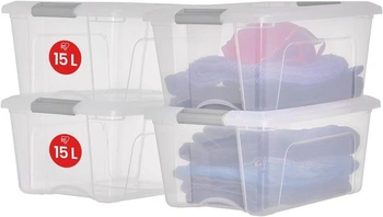 Úložné boxy Iris Ohyama s vekom, 15L, sada 4 ks, strieborný, bezpečné zatváranie, stohovateľné, madlá,