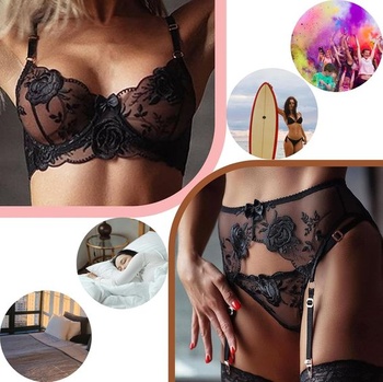 Dámska sexy spodná súprava NewBull, podprsenka s podväzkami + čipkový podväzkový pás + pančuchy