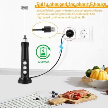 Elektrický napěňovač mléka se 3 rychlostmi, dobíjecí přes USB, se 3 metličkami, elektrický