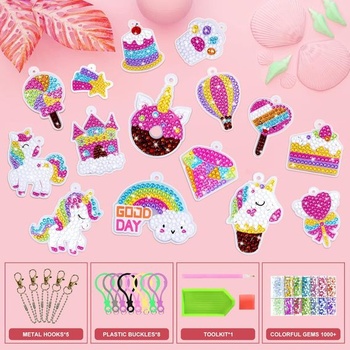 CAYUDEN Diamond Painting Keychain, 15 Parts 5D Diamond Painting Keychain Kits Detské DIY Jednorožec