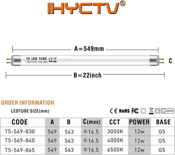IHYCTV LED trubica T5, 549mm, F14T5, 12W, 1550lm, 6500K, 865, denná biela, LED trubica pre