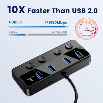 Qeefun 4portový USB Hub 3.0, jednotlivé LED vypínače napájania, 2ft USB predĺženie, 5V/3A USB