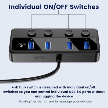 Qeefun 4portový USB Hub 3.0, jednotlivé LED vypínače napájania, 2ft USB predĺženie, 5V/3A USB