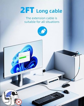 Qeefun 4portový USB Hub 3.0, jednotlivé LED vypínače napájania, 2ft USB predĺženie, 5V/3A USB