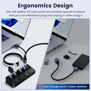 Qeefun 4portový USB Hub 3.0, jednotlivé LED vypínače napájania, 2ft USB predĺženie, 5V/3A USB