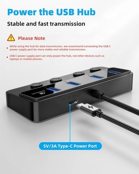 Qeefun 4portový USB Hub 3.0, jednotlivé LED vypínače napájania, 2ft USB predĺženie, 5V/3A USB