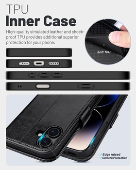 OCASE púzdro na mobilný telefón iPhone 16 prémiová PU koža, funkcia stojančeka na kartu, ochranné