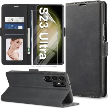 Pouzdro na mobil pro Samsung Galaxy S23 Ultra pouzdro kožené s ochrannou fólií [3 sloty na karty]