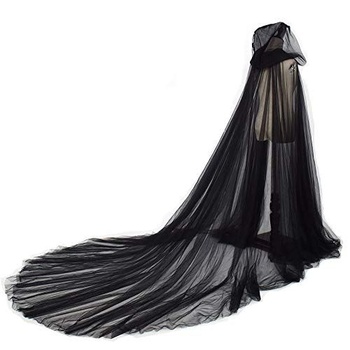 GRACEART Dámský tylový kabát na svatbu s kapucí dlouhá bunda Svatební zavinovačka (černá)