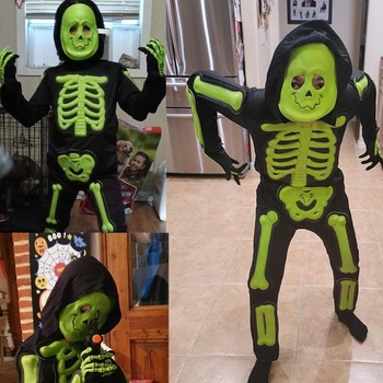 Dětský kostým kostlivec IKALI Záře ve tmě Halloweenský kostým kost 3D Záře ve tmě kostým s kapucí a