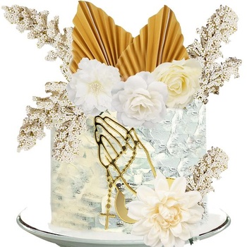 MEZHEN Boho Tortu Dekorácie Skrížené ruky Zlatá akrylová tortová dekorácia Kvetina Zlatá palmové listy