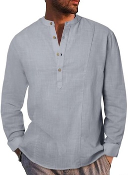 Meilicloth pánská košile Korejská bavlna Léto s dlouhým rukávem Henley Běžné s knoflíčky Regular Fit