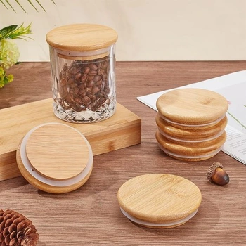 NBEADS 6 balení Mason Jar Bambusové viečka, 8,5 × 2 cm okrúhle uzávery fliaš s potravinárskym