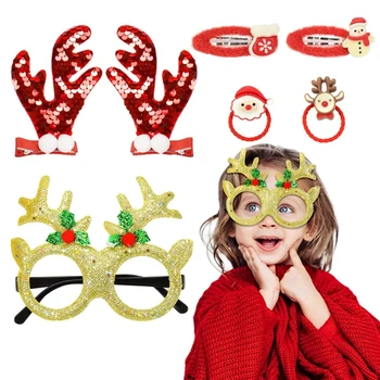 MELLIEX 7dílná sada vánočních brýlí a vlasových doplňků, zlaté třpytivé sobí párty brýle, sponky do