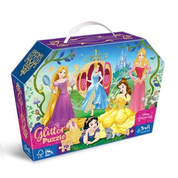 Trefl 53017 Glitter 70 prvků, praktická krabička s rukojetí, barevné puzzle s pohádkovými