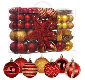 HOUISM Vánoční ozdoby červené zlato, 145 kusů Vánoční ozdoby se stromečkem, hvězdicové ozdoby na
