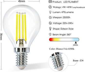 Vláknová LED žárovka Aigostar E14 studené světlo 6500K, 4W ekvivalent 40W, 470 lumenů, úhel