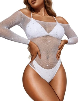 Dámské body RSLOVE Síťovaná s kamínkovým zdobením Kombinéza Catsuit White One Size