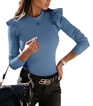 YBENLOVER Dámské volánové košile s dlouhým rukávem, kulatým výstřihem Slim Fit, jednobarevné topy z