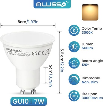 ALUSSO LIGHTING GU10 LED žárovka, 7W teplé bílé světlo 3000K, Nahrazuje 70W halogenové žárovky, 560