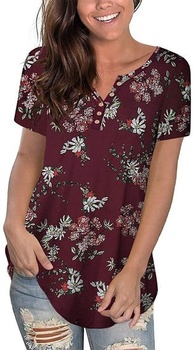 Uusollecy dámské tričko tunika letní, výstřih s knoflíky halenka s krátkým rukávem, květinový vzor