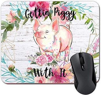 Gettin' Piggy with It Funny Pig Podložka pod myš Růžové květy na umělé dřevěné podložce pod myš