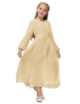 Elegantní dívčí plesové šaty Šifonové šaty A Line Svatební šaty s dlouhým rukávem Meruňková 08Y