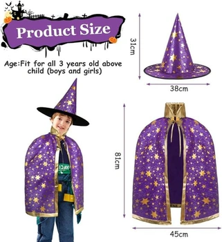 AYBUY Dětský halloweenský kostým, dětský kostým čaroděje, čarodějnický plášť s kloboukem, dětský