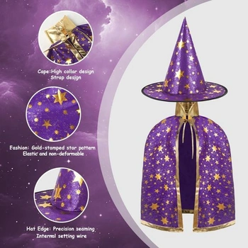 AYBUY Dětský halloweenský kostým, dětský kostým čaroděje, čarodějnický plášť s kloboukem, dětský