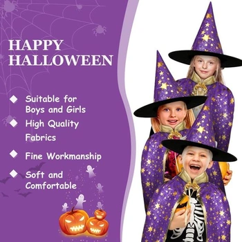 AYBUY Dětský halloweenský kostým, dětský kostým čaroděje, čarodějnický plášť s kloboukem, dětský
