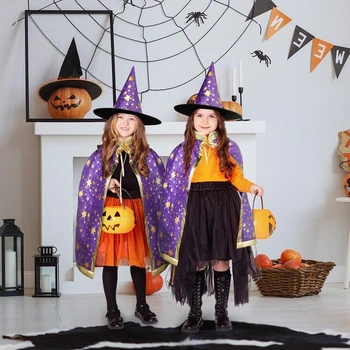 AYBUY Dětský halloweenský kostým, dětský kostým čaroděje, čarodějnický plášť s kloboukem, dětský