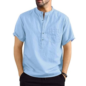 Voqeen Pánská bavlněná lněná košile Henley, Kapesní límec Krátký rukáv Hippie Neformální plážové