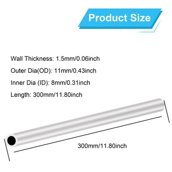 6063 Hliníková kulatá trubka 11 mm x 8 mm, tloušťka stěny 1,5 mm, délka 300 mm, LAVMHAB Kulaté