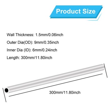 6063 Hliníková kulatá trubka 9 mm x 6 mm, tloušťka stěny 1,5 mm, délka 300 mm, LAVMHAB Kulaté