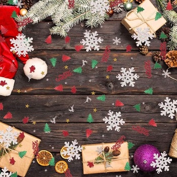 Vianočné konfety, fóliové konfety, snehové vločky, pentagram, Santa Claus, sob, vianočný stromček,