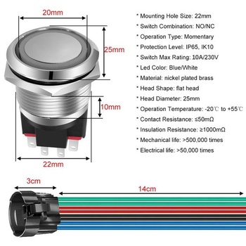 GUUZI 220V-230V/10A tlačítko s okamžitým rozepnutím NO/NC, vodotěsné, modrobílé, LED světlo,