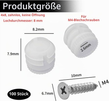 100 kusů hmoždinek do pantů M4x10mm, plastové vložky do hmoždinek do pantů se šrouby, prodlužovací