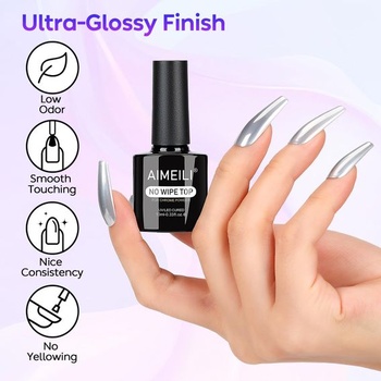 AIMEILI Chrómovaný vrchný lak, 10ml Chrómovaný zrkadlový vrchný lak UV LED Soak-off gél metalický