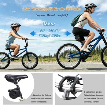Ťažné lano pre detský bicykel, 2,6 m, nosnosť 225 kg / 500 lbs