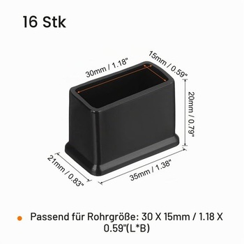 QUARKZMAN 16 kusov PVC štvorcových krytiek nôh stoličky 30 mm x 15 mm vonkajší priemer čiernej